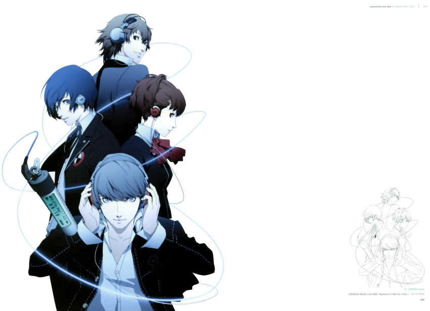 00s 1girl 3boys absurdres artbook atlus headphones highres kanzato_shin multiple_boys narukami_yuu persona persona_3 persona_3_portable persona_4 persona_trinity_soul scan school_uniform shiomi_kotone soejima_shigenori yuuki_makoto_(persona_3)