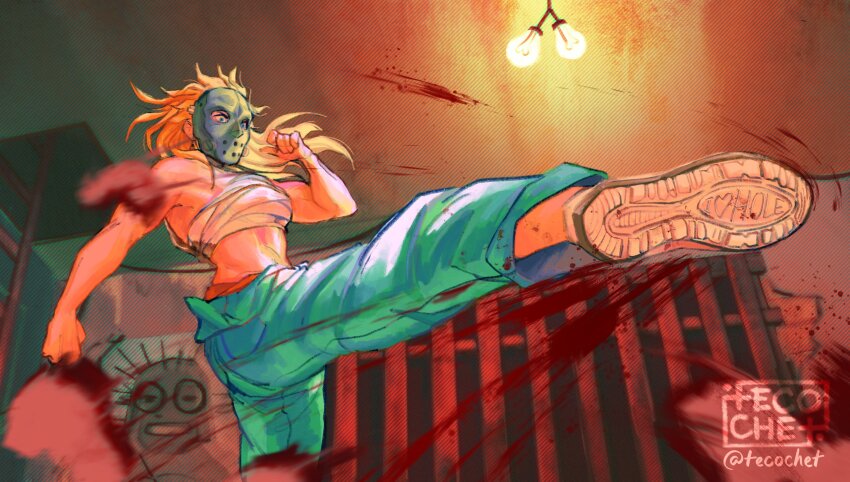 1girl artist_name bare_shoulders blonde_hair blood blood_splatter blue_nails commentary dorohedoro english_commentary highres hockey_mask kicking leg_up long_hair mask midriff nikaidou_(dorohedoro) sarashi shoes solo tecochet