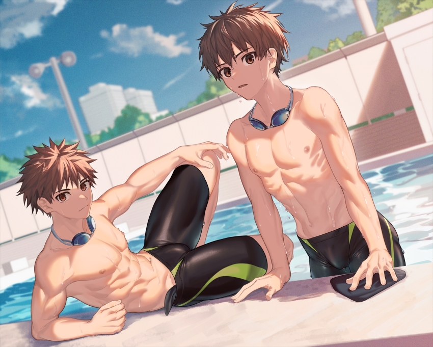 2boys abs arm_support black_male_swimwear blurry brown_eyes brown_hair bulge collarbone commentary_request day depth_of_field dripping dutch_angle elbow_rest film_grain goggles goggles_around_neck hand_on_own_knee highres jammers knee_up linea_alba looking_at_viewer male_focus male_swimwear multiple_boys navel nayoshi_(r-744) nipples original outdoors paid_reward_available parted_lips pectorals pool poolside reclining ribs shiny_clothes short_hair spiked_hair swim_cap unworn_swim_cap swim_goggles toned toned_male wading water wet wet_hair wet_male_swimwear