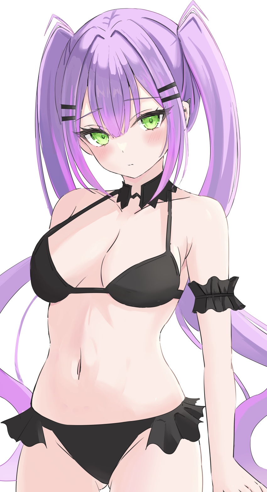 1girl absurdres bikini black_bikini blush breasts cleavage green_eyes hair_ornament hairpin highres hololive long_hair looking_at_viewer medium_breasts multicolored_hair navel pink_hair purple_hair solo streaked_hair swimsuit tamamorh tokoyami_towa very_long_hair virtual_youtuber white_background