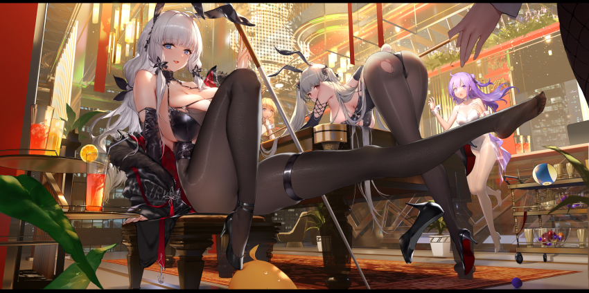 4girls absurdres alternate_costume animal_ears azur_lane black_leotard bow bowtie fake_animal_ears fake_tail formidable_(azur_lane) full_body highleg highleg_leotard highres illustrious_(azur_lane) leg_up leotard multiple_girls pantyhose playboy_bunny rabbit_ears rabbit_tail shoes single_shoe sitting strapless strapless_leotard swd3e2 tail thigh_strap traditional_bowtie unicorn_(azur_lane) victorious_(azur_lane)