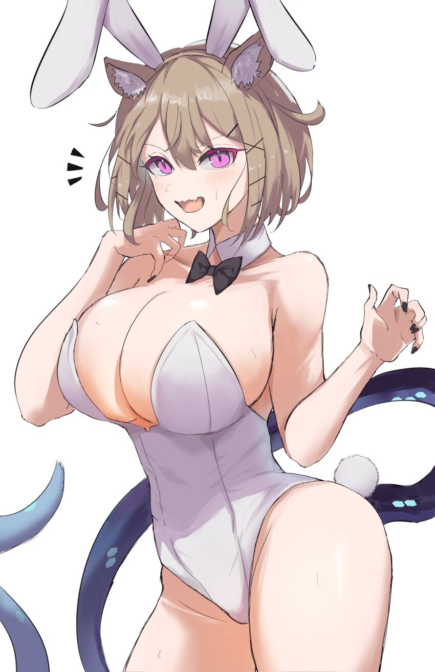 1girl animal_ears arknights breasts bunny_day cleavage highres large_breasts leotard looking_at_viewer playboy_bunny plump purple_eyes short_hair strapless strapless_leotard utage_(arknights) white_leotard yashiro3108