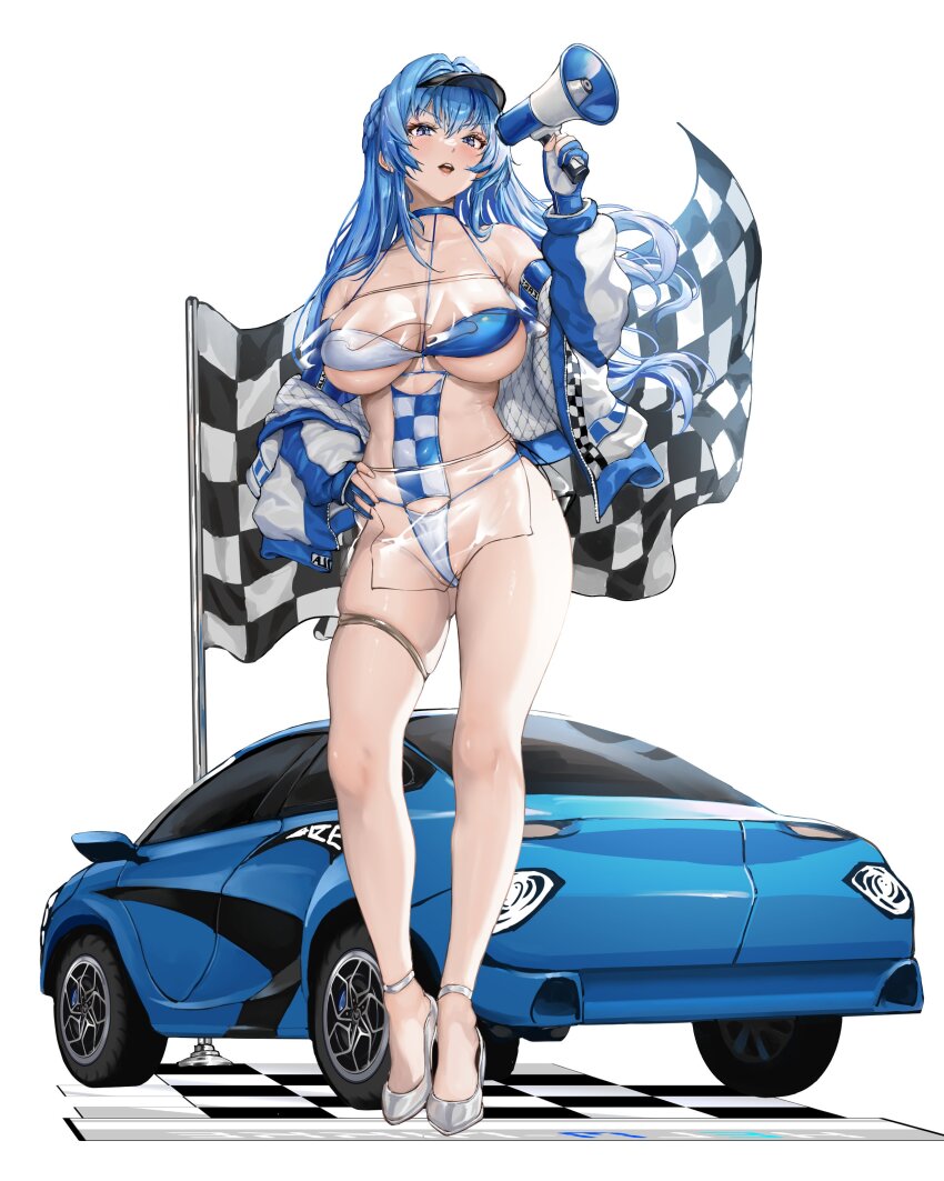 1girl absurdres alternate_costume aoi_sakura_(seak5545) blue_eyes blue_gloves blue_hair blue_jacket breasts car commission gloves goddess_of_victory:_nikke halterneck hand_on_own_hip helm_(nikke) highleg highres holding holding_megaphone jacket large_breasts long_hair looking_at_viewer megaphone miniskirt motor_vehicle multicolored_jacket navel off_shoulder open_mouth partially_fingerless_gloves partially_visible_vulva race_flag race_queen revealing_clothes second-party_source see-through_clothes see-through_skirt shoes silver_shoes skindentation skirt solo standing strappy_heels thigh_strap two-tone_jacket visor_cap white_jacket