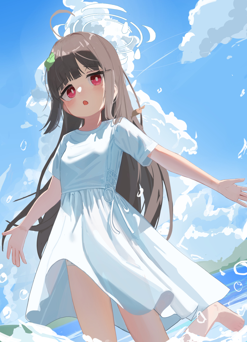 1girl absurdres ahoge black_hair blue_archive blue_sky cloud cloudy_sky cumulonimbus_cloud day dress highres leaf leaf_on_head long_hair miyu_(blue_archive) nyune open_mouth outdoors panties panty_peek sky solo underwear wading water white_dress