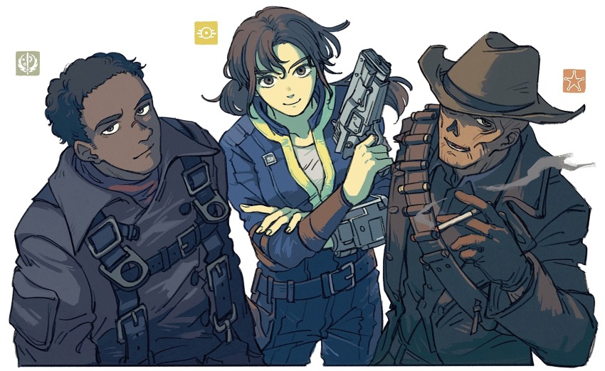 1girl 2boys bandolier belt black_hair brotherhood_of_steel brown_hair cigarette cowboy_hat dark_skin duster fallout_(prime_video) fallout_(series) gun handgun hat highres holding holding_cigarette looking_at_viewer lucy_maclean maximus_(fallout) multiple_boys pip_boy sayodoko smile smoking the_ghoul_(fallout_tv_series) vault_suit weapon white_background