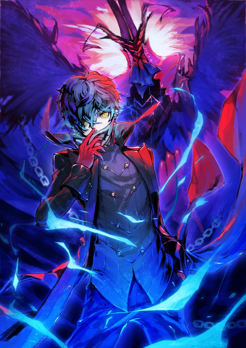 10s 1boy akiyoshi_nozomu amamiya_ren arsene_(persona_5) black_hair blue_eyes fire highres jacket looking_at_viewer male_focus mask persona persona_5 short_hair solo