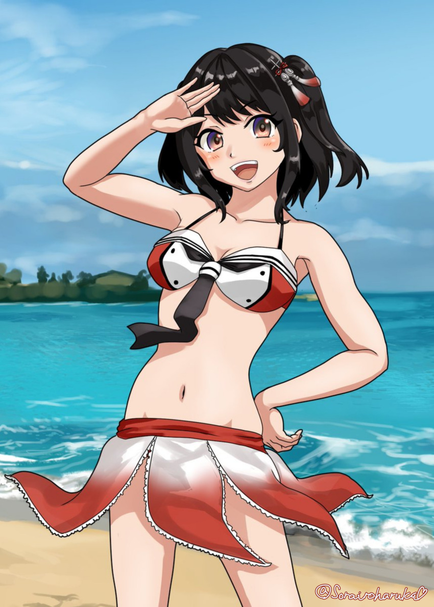 1girl absurdres adapted_costume beach bikini bikini_skirt black_hair breasts brown_eyes cowboy_shot day hair_ornament hand_on_own_hip highres kantai_collection looking_at_viewer medium_breasts navel ocean open_mouth outdoors round_teeth salute sendai_(kancolle) sendai_kai_ni_(kancolle) short_hair solo sorairo_haruka standing swimsuit teeth two_side_up upper_teeth_only