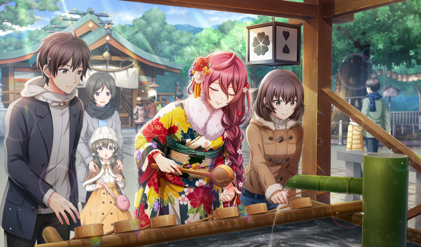 black_hair black_jacket black_pants black_scarf blue_pants braid braided_ponytail brown_coat brown_hair cinderella_series closed_eyes closed_mouth coat film_grain floral_print_kimono flower game_cg hachigatsu_no_cinderella_nine hair_between_eyes hair_flower hair_ornament highres hishaku holding holding_ladle honjo_chikage jacket knit_hat ladle lens_flare light_particles long_hair long_sleeves non-web_source obi official_alternate_hairstyle official_art outdoors pants purple_eyes rope sash scarf shimenawa short_hair shrine side_ponytail solo_focus temizu temizuya tree u_u very_long_hair washing_hands water wavy_hair