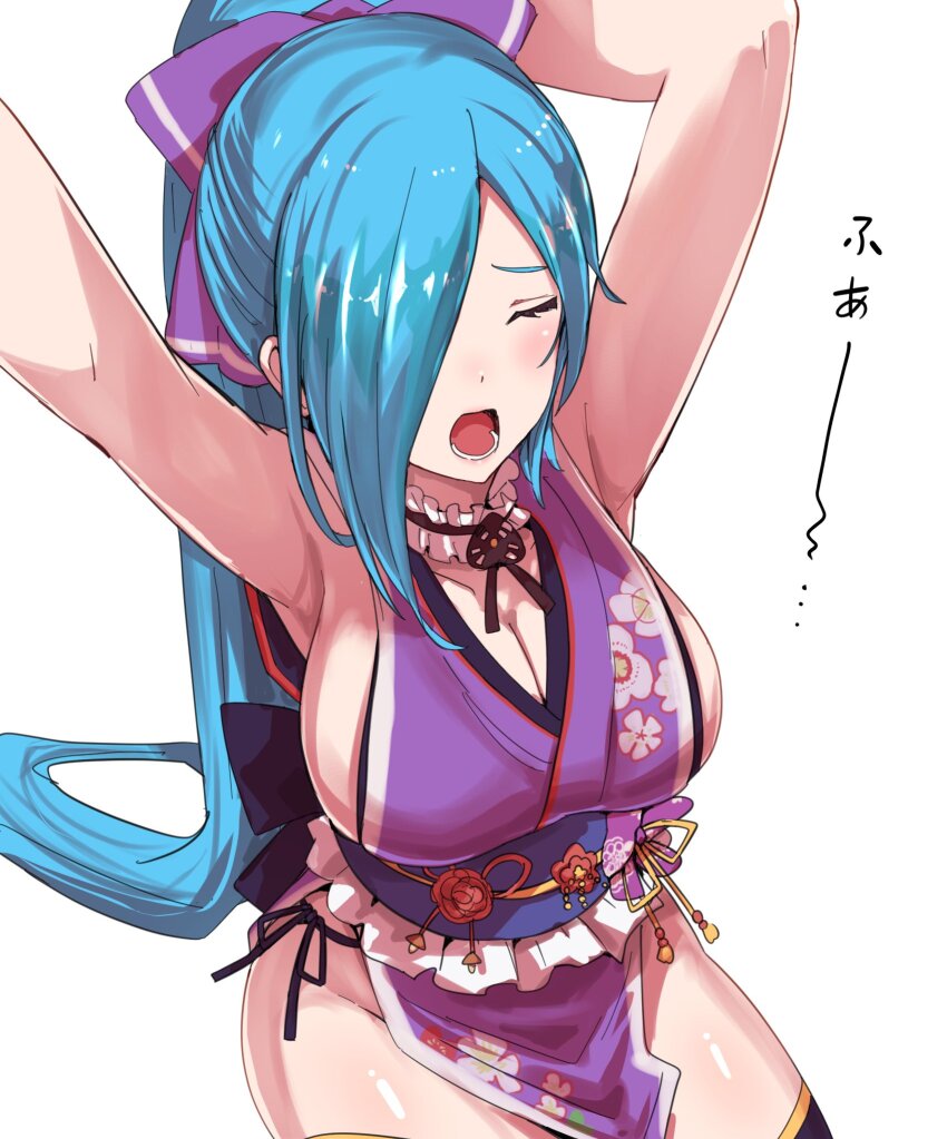 .live 1girl armpits arms_up blue_hair blush breasts cleavage closed_eyes collarbone hair_ornament hair_over_one_eye highres large_breasts natashia open_mouth panties ponytail ribbon sideboob simple_background string_panties underwear virtual_youtuber waking_up white_background yamato_iori