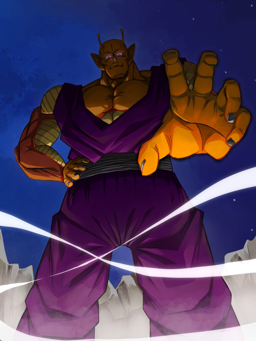 1boy absurdres alien antennae blue_background closed_mouth colored_skin commentary_request dragon_ball dragon_ball_super dragon_ball_super_super_hero from_below glowing glowing_eye grey_nails grey_sash hand_on_own_hip highres initials-drawing looking_at_viewer looking_down male_focus muscular muscular_male nose orange_pants orange_piccolo orange_skin orange_vest outdoors pants pectorals piccolo pointy_ears reaching reaching_towards_viewer red_eyes shaded_face solo standing star_(sky) thick_neck vest