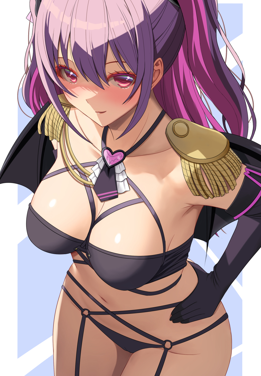 1girl 2.5_jigen_no_ririsa absurdres akihiro0920 armor black_bra black_gloves black_panties blush bra breasts collarbone commentary_request cosplay demon_wings elbow_gloves epaulettes fake_wings gloves hair_between_eyes hand_on_own_hip highres long_hair medium_breasts miriella_(2.5_jigen_no_ririsa) miriella_(2.5_jigen_no_ririsa)_(cosplay) multicolored_hair navel o-ring open_mouth panties purple_eyes purple_hair shoulder_armor smile solo standing tachibana_mikari two-tone_hair two_side_up underwear wig wings