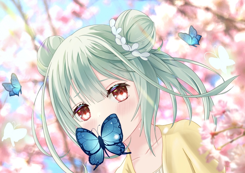 1girl absurdres aoe_ui blue_butterfly bug butterfly butterfly_hair_ornament butterfly_on_face cherry_blossoms collarbone double_bun green_hair hair_between_eyes hair_bun hair_ornament highres hololive insect jacket outdoors red_eyes short_hair solo tree uruha_rushia virtual_youtuber yellow_jacket