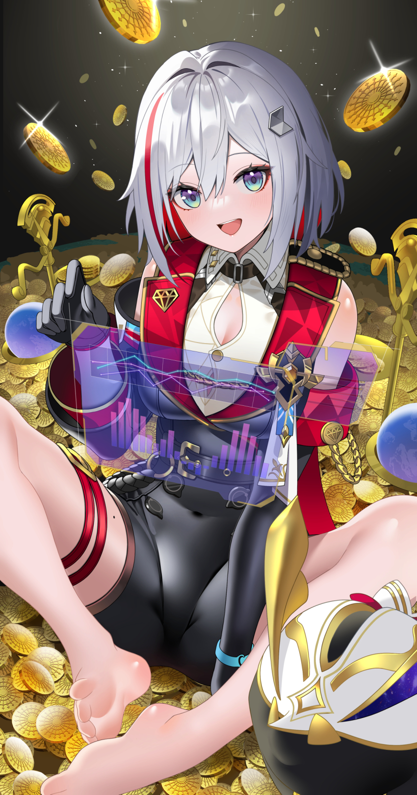 1girl arm_behind_back arrow_hair_ornament barefoot black_gloves breasts cleavage coin covered_navel gloves grey_hair hair_between_eyes hand_up highres honkai:_star_rail honkai_(series) long_sleeves looking_at_viewer multicolored_hair numby_(honkai:_star_rail) open_mouth red_hair short_hair sitting smile solo streaked_hair teeth topaz_(honkai:_star_rail) trotter_(honkai:_star_rail) upper_teeth_only yuujin_(yuzinn333)