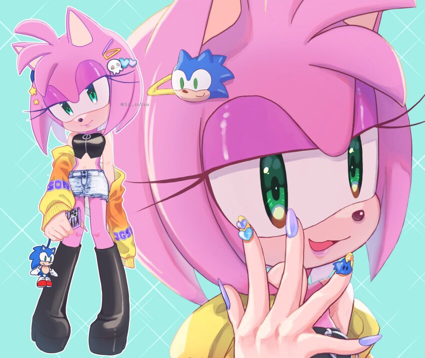 1girl :3 :d alternate_costume amy_rose animal_ears animal_nose black_footwear black_shirt blue_background boots character_doll character_hair_ornament crop_top eyelashes furry furry_female green_eyes hair_ornament hairclip heart hedgehog_girl highres jacket konjiki_ringo looking_at_viewer nail_polish open_mouth pink_fur shirt shorts smile solo_focus sonic_(series) sonic_the_hedgehog standing star_(symbol) white_shorts yellow_jacket