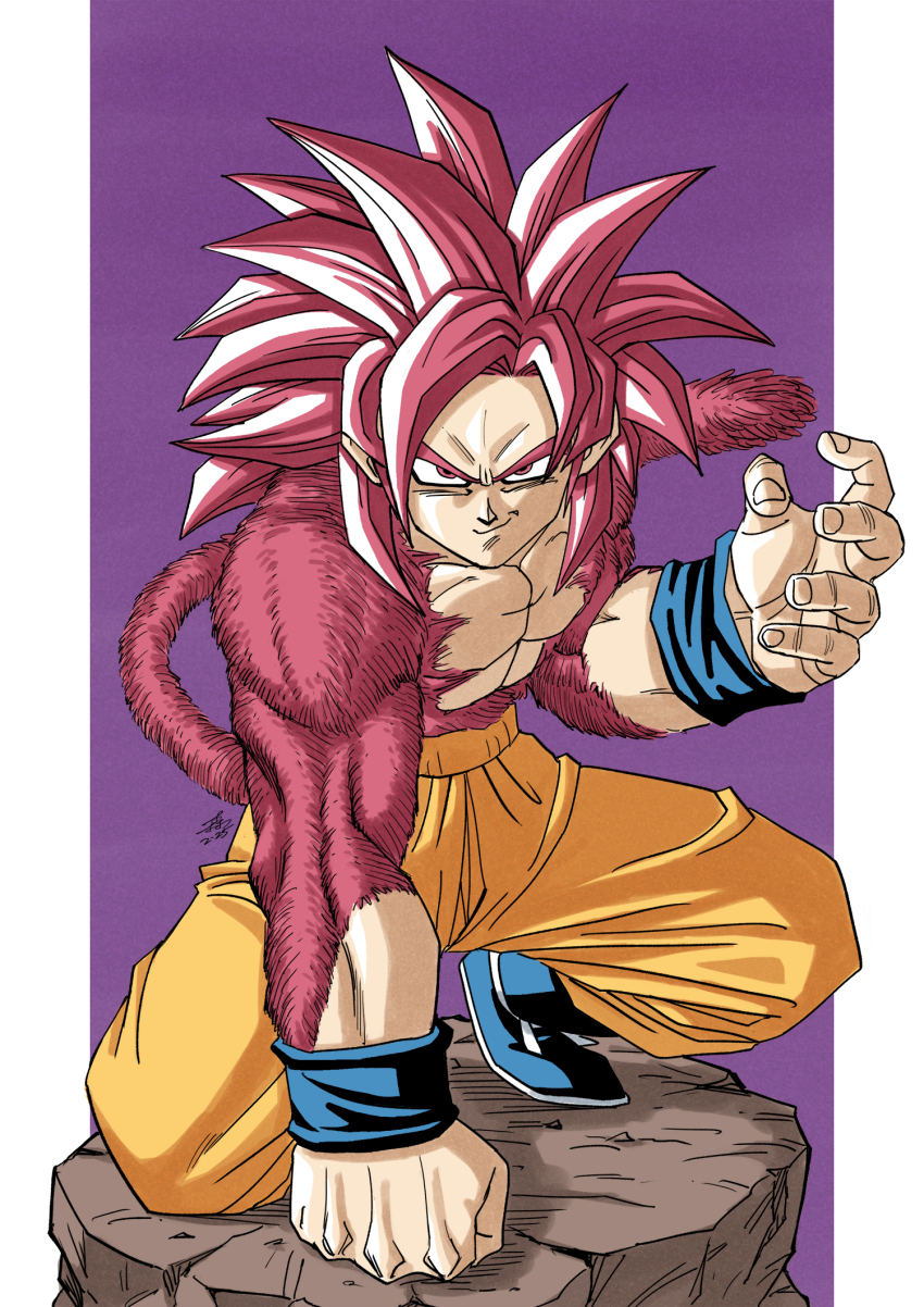 1boy body_fur border dragon_ball dragon_ball_daima forest_1988 full_body highres long_hair male_focus monkey_tail muscular muscular_male orange_pants pants purple_background red_eyes red_fur red_hair red_tail simple_background solo son_goku spiked_hair standing super_saiyan super_saiyan_4 tail topless_male white_border