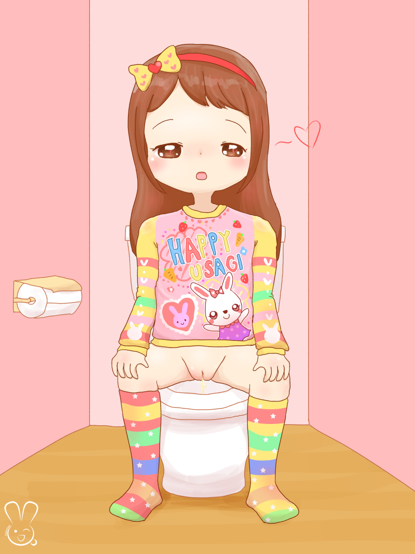 1girl animal_print bathroom blush bottomless bow brown_eyes brown_hair carrot_print clothes_writing flat_chest floral_print food_print hair_bow hairband hands_on_own_knees heart heart-shaped_pupils heart_print kneehighs loli long_hair long_sleeves looking_at_viewer multicolored_clothes multicolored_socks open_mouth original peeing pink_shirt print_bow print_shirt print_socks pussy rabbit_print raglan_sleeves relief shirt sitting socks spoken_heart spread_legs star_(symbol) star_print strawberry_print striped_clothes striped_sleeves striped_socks symbol-shaped_pupils toilet toilet_paper toilet_use urameido yellow_bow