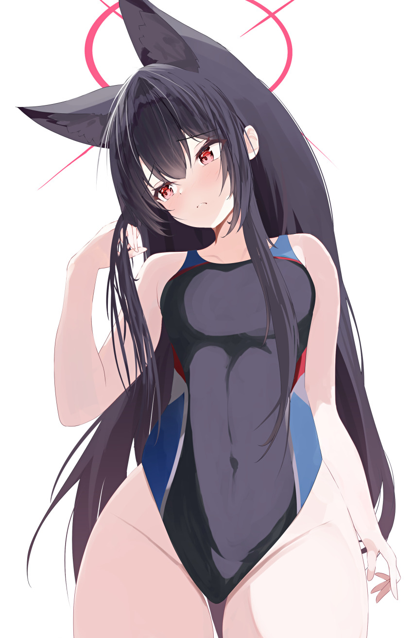 1girl absurdres animal_ear_fluff animal_ears black_hair black_one-piece_swimsuit blue_archive breasts competition_swimsuit covered_navel cowboy_shot fox_ears halo highleg highleg_one-piece_swimsuit highres long_hair looking_to_the_side medium_breasts multicolored_clothes multicolored_swimsuit natsuki_(natsu_1936) one-piece_swimsuit red_eyes red_halo simple_background solo swimsuit white_background yukino_(blue_archive)