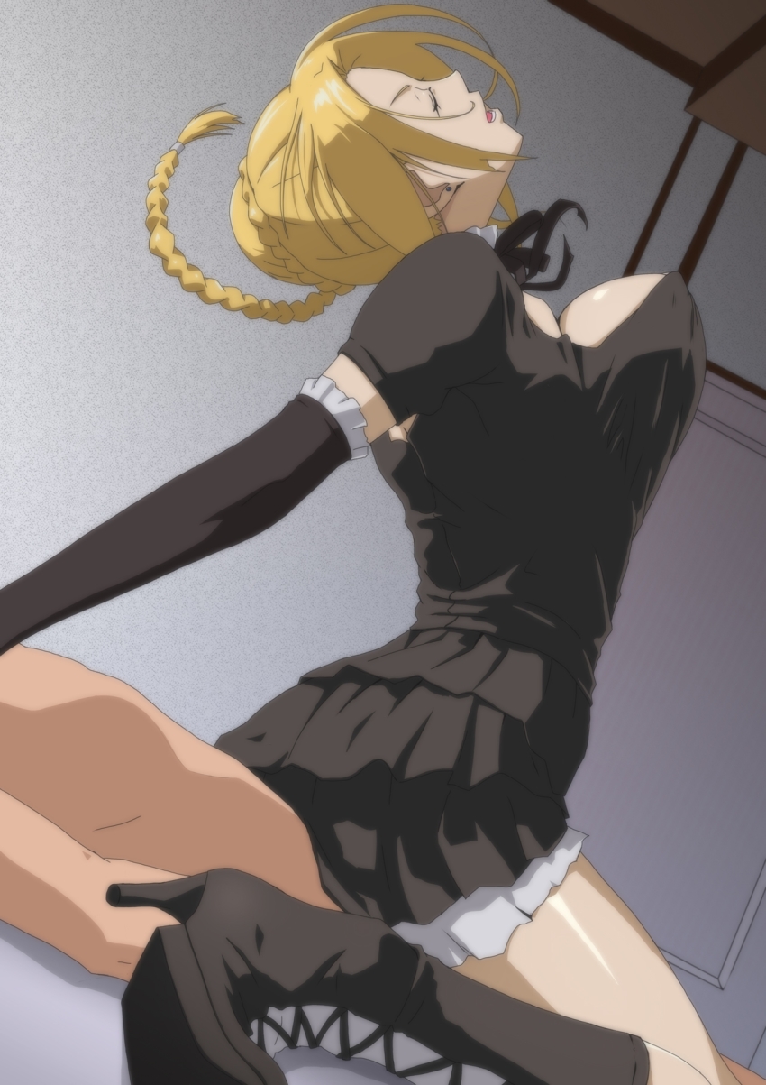 1girl beelzebub_(manga) black_gloves black_skirt blonde_hair boots bouncing_breasts braid breasts clothed_female_nude_male clothed_sex duplicate earrings elbow_gloves closed_eyes floating_hair girl_on_top gloves highres hilda_(beelzebub) indoors kyabakurabakufu large_breasts legs lolita_fashion lying nude parted_lips sex single_braid sitting sitting_on_person skirt solo_focus straddling thighs vaginal