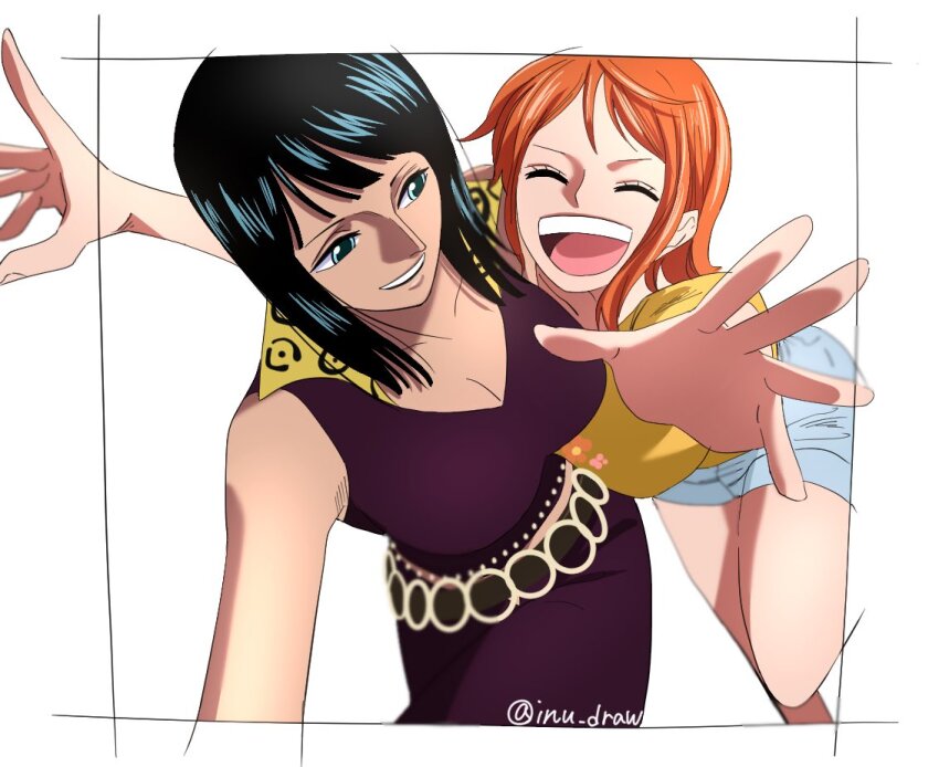 2girls bare_shoulders black_hair black_pants blue_eyes breasts closed_eyes colored_skin dark-skinned_female dark_skin floral_print happy hug inu_draw large_breasts multiple_girls nami_(one_piece) nico_robin nico_robin_(sabaody) one_piece orange_hair pants popped_collar sabaody_archipelago shabondi shirt shorts sleeveless sleeveless_shirt smile white_shorts white_skin yellow_shirt yuri