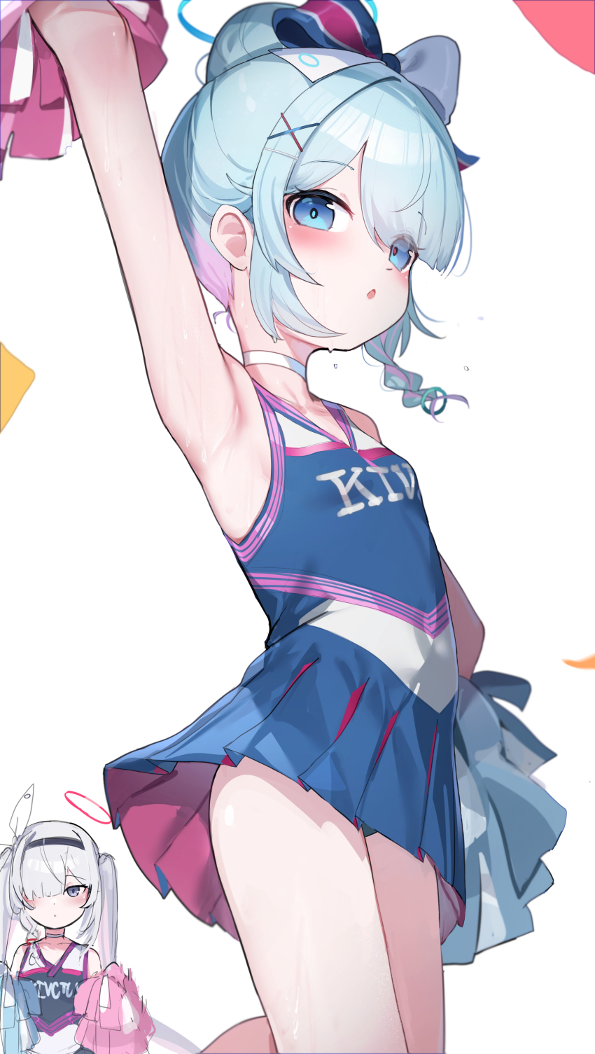 2girls :o absurdres arm_up armpits arona_(blue_archive) black_hairband blue_archive blue_eyes blue_hair blue_halo blue_ribbon blue_skirt braid breasts cheerleader grey_eyes grey_hair hair_ornament hair_over_one_eye hair_ribbon hairband halo highres long_hair looking_at_viewer multicolored_hair multiple_girls official_alternate_costume pink_hair plana_(blue_archive) pom_pom_(cheerleading) red_halo ribbon simple_background single_braid skirt small_breasts somray sweat sweatdrop thighs twintails two-tone_hair white_background x_hair_ornament