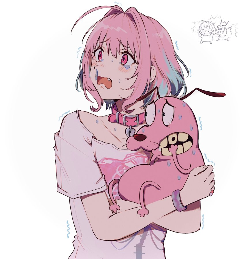 1girl ahoge blue_hair collar collarbone courage_(character) courage_the_cowardly_dog crossover fang hamachamu heart-shaped_lock heart_collar highres idolmaster idolmaster_cinderella_girls multicolored_hair open_mouth pink_collar pink_eyes pink_hair pink_wristband scared shirt simple_background skeleton_print snot_trail sweat t-shirt tears two-tone_hair white_background yumemi_riamu