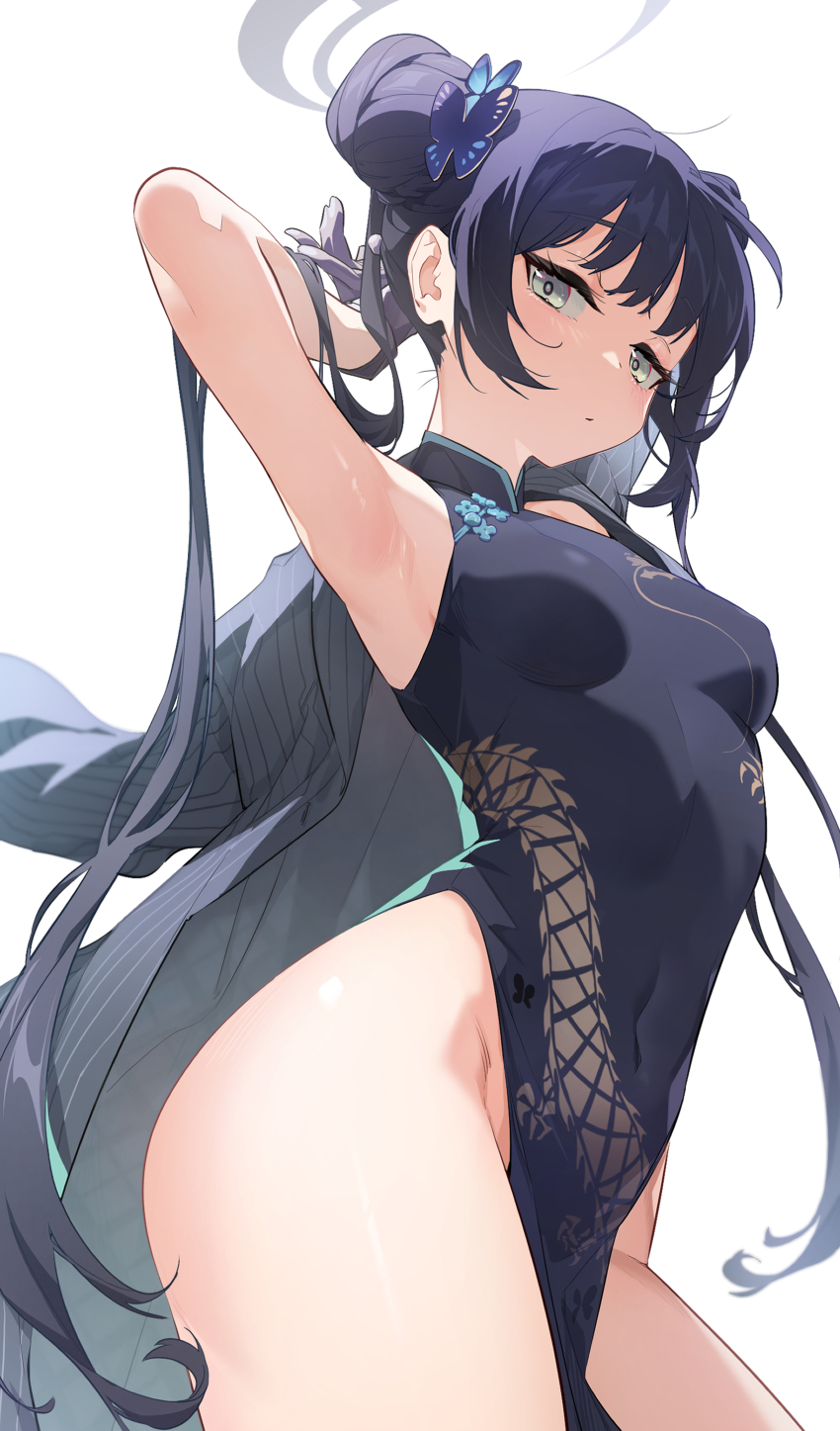 absurdres arm_behind_head arm_up armpits black_dress black_gloves black_hair blue_archive braid braided_bun breasts butterfly_hair_ornament china_dress chinese_clothes closed_mouth coat double_bun dragon_print dress gloves grey_halo hair_bun hair_ornament halo highres jacket jjjsss kisaki_(blue_archive) looking_at_viewer looking_down pelvic_curtain pinstripe_jacket pinstripe_pattern print_dress sidelocks simple_background small_breasts striped_clothes striped_coat striped_jacket twintails vertical-striped_clothes vertical-striped_coat vertical-striped_jacket white_background