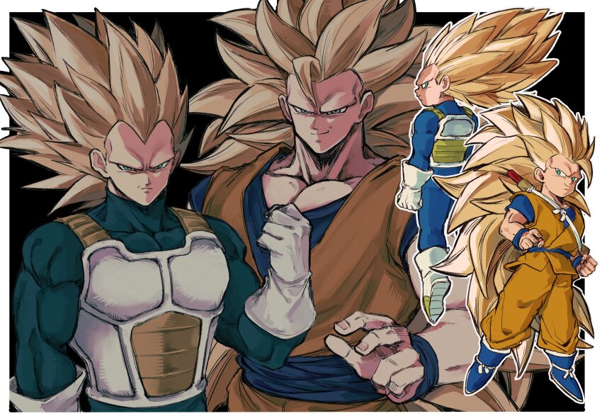 2boys absurdres blonde_hair blue_eyes commentary dragon_ball dragon_ball_daima highres long_hair male_focus multiple_boys muscular muscular_male ra_(nodhia5) saiyan_armor son_goku super_saiyan super_saiyan_3 vegeta