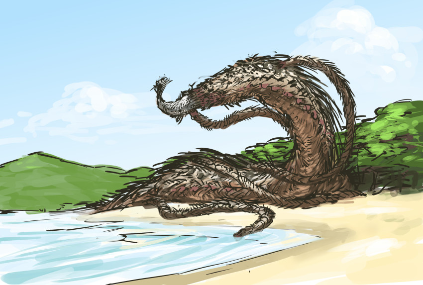 beach day giant giant_monster highres monster nameo_(judgemasterkou) nature original outdoors plant rope sky solo zooming_out