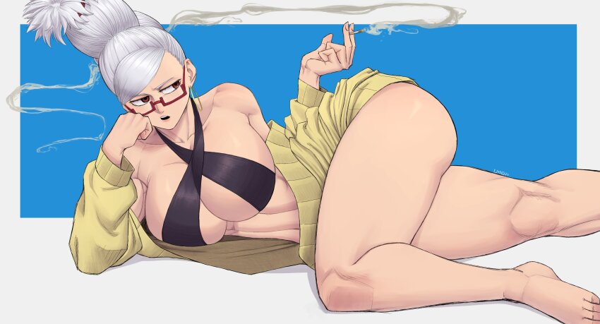 1girl absurdres ass ayase_seiko cardigan cigarette criss-cross_halter dandadan earrings glasses grey_hair halterneck highres hoop_earrings jewelry limn044 mature_female round_eyewear semi-rimless_eyewear smoking solo tall_hair thick_thighs thighs yellow_cardigan