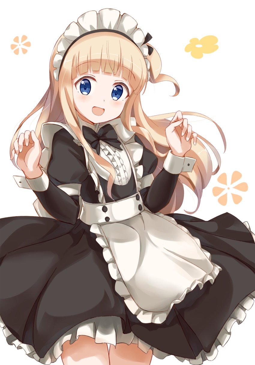 1girl :d absurdres apron black_bow black_bowtie black_dress black_ribbon blonde_hair blue_eyes blush bow bowtie dress female_focus floating_hair frilled_apron frills guraasan hair_ribbon highres hiiragi_mayuki hinako_note long_hair long_sleeves looking_at_viewer maid maid_headdress open_mouth ribbon smile solo standing very_long_hair white_apron white_background