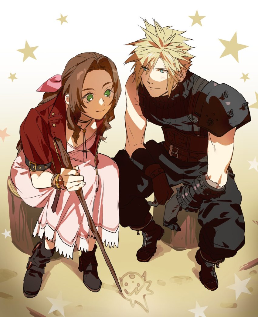 1boy 1girl aerith_gainsborough armor belt blonde_hair blue_eyes boots bracelet breasts brown_hair choker cloud_strife couple cropped_jacket drawing dress final_fantasy final_fantasy_vii final_fantasy_vii_remake full_body gloves green_eyes hair_ribbon highres jacket jewelry log long_dress meameeea medium_breasts multiple_belts parted_bangs pink_dress red_jacket ribbon shoulder_armor sidelocks sitting sleeveless sleeveless_turtleneck smile spiked_hair star_(symbol) stick suspenders turtleneck