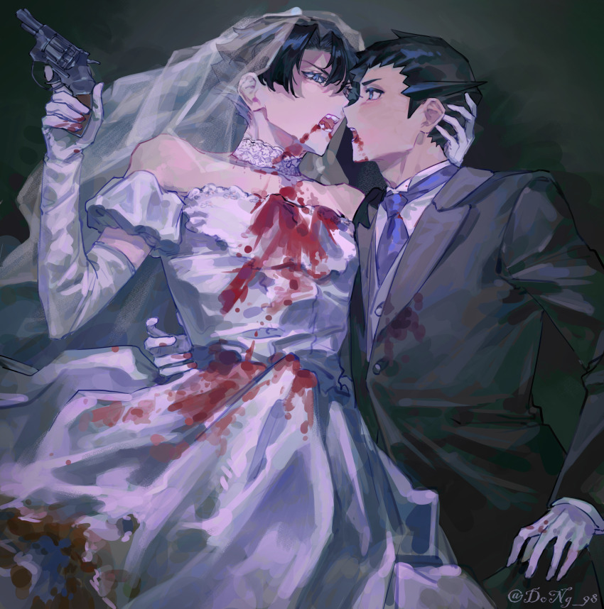 2boys ace_attorney black_background black_hair black_suit blood blood_on_clothes blood_on_face bloody_clothes bloody_dress blue_necktie blunt_bangs bridal_veil commentary crossdressing detached_collar detached_sleeves dong_98 dress english_commentary eye_contact formal_clothes gloves gun hand_on_another&#039;s_head handgun highres holding holding_gun holding_weapon kazuma_asogi looking_at_another male_focus multiple_boys necktie ryunosuke_naruhodo short_hair spiked_hair suit the_great_ace_attorney veil weapon wedding_dress white_dress white_gloves yaoi