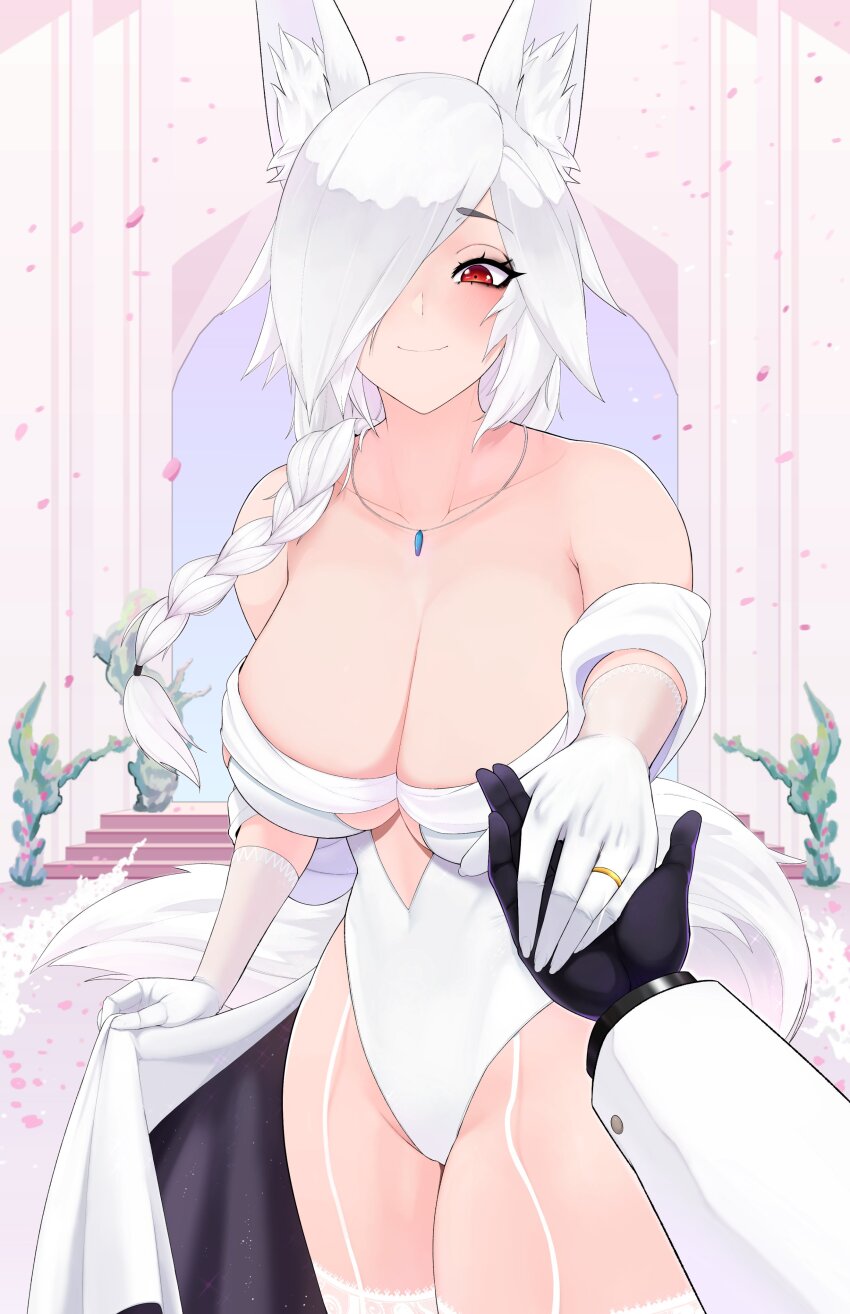 1girl absurdres animal_ears bare_shoulders black_gloves breasts cleavage closed_mouth clothing_cutout collarbone discordia_(vtuber) eyelashes falling_petals fox_ears fox_girl fox_tail garter_straps gloves hair_over_one_eye hair_over_shoulder highres indie_virtual_youtuber jewelry large_breasts leotard long_braid necklace petals pink_petals red_eyes ring rumi_(rumigawa31) second-party_source tail thighhighs virtual_youtuber white_garter_straps white_gloves white_hair white_leotard white_thighhighs