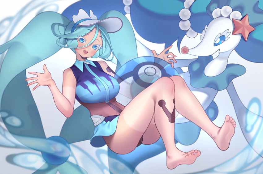 1girl absurdly_long_hair absurdres ball barefoot beachball blue_eyes blue_hair blush colored_eyelashes creatures_(company) floating game_freak gen_7_pokemon graynacht hatsune_miku highres long_hair looking_at_viewer nintendo open_mouth pokemon pokemon_(creature) primarina project_voltage teeth upper_teeth_only very_long_hair visor_cap vocaloid water_miku_(project_voltage) white_headwear zipper_pull_tab