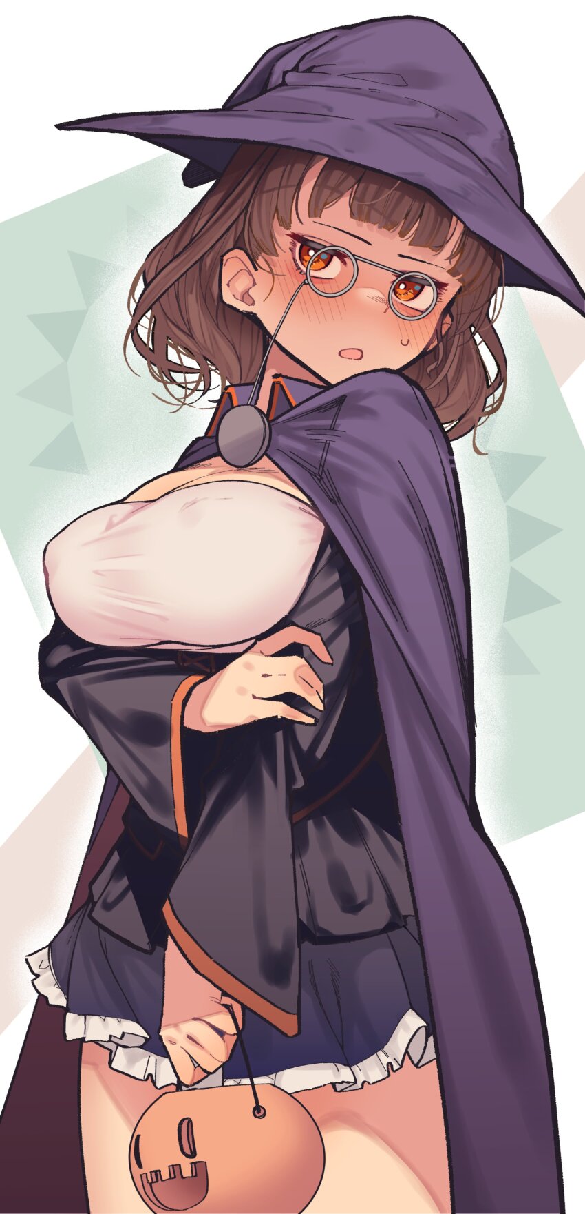 1girl absurdres arm_under_breasts blunt_bangs blush breasts brown_hair cape frills glasses halloween halloween_bucket halloween_costume hand_on_own_arm hat highres holding kantai_collection large_breasts long_sleeves looking_at_viewer medium_hair official_alternate_costume orange_eyes parted_lips pince-nez purple_cape purple_hat roma_(kancolle) shiawase_hougan simple_background solo sweat wide_sleeves witch_hat