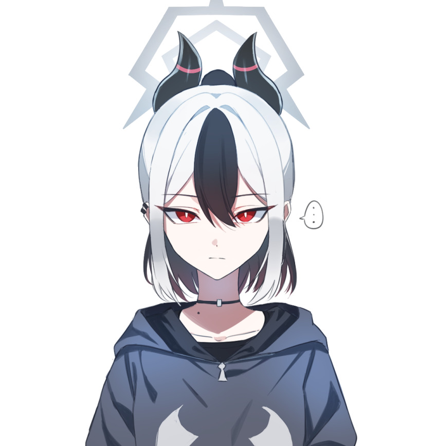 ... 1girl black_choker black_hair black_hoodie black_horns blue_archive bright_pupils choker closed_mouth collarbone earclip hair_between_eyes halo hood hood_down hoodie horns kamiyama_sumu kayoko_(blue_archive) looking_at_viewer medium_hair mole multicolored_hair red_eyes serious simple_background solo speech_bubble spoken_ellipsis two-tone_hair white_background white_hair