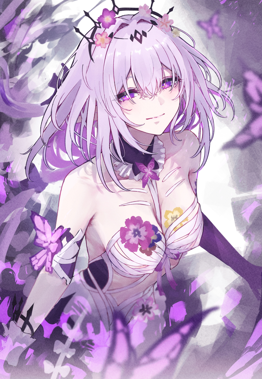 1girl absurdres bare_shoulders breasts bright_pupils bug butterfly castorice_(honkai:_star_rail) closed_mouth commentary cowboy_shot elbow_gloves flower gloves hair_flower hair_ornament highres honkai:_star_rail honkai_(series) insect long_hair looking_at_viewer medium_breasts pink_flower purple_butterfly purple_eyes purple_flower purple_gloves purple_hair sanshoku_dango_(shukosuko) smile solo white_pupils