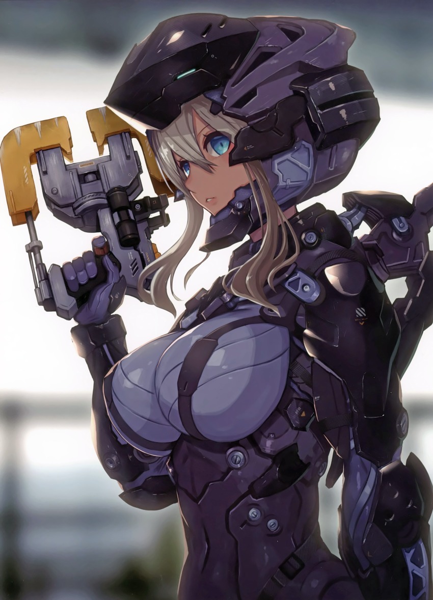 1girl absurdres armor blonde_hair blue_eyes bodysuit breasts dead_space female_focus gun helmet highres holding holding_gun holding_weapon huge_filesize large_breasts looking_at_viewer nidy parted_lips plasma_cutter power_armor scan short_hair sidelocks skin_tight solo third-party_source weapon