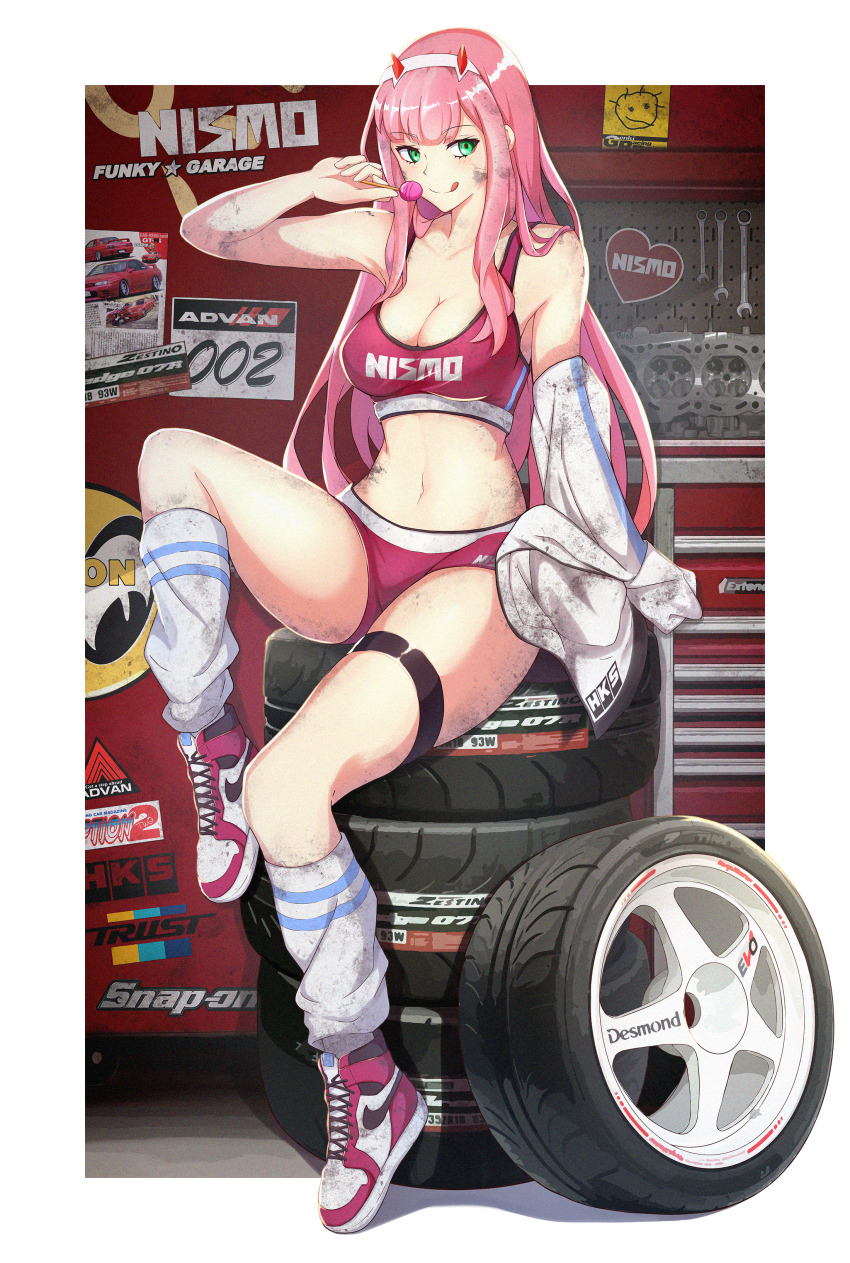 1girl :q absurdres alternate_costume arm_up breasts buruma candy cleavage darling_in_the_franxx food full_body funkygarage garage green_eyes hairband highres holding holding_candy holding_food holding_lollipop horns lollipop long_hair looking_at_viewer loose_socks medium_breasts navel pink_hair red_buruma red_horns red_sports_bra shoes sitting socks solo sports_bra sticker stomach thigh_strap thighs tongue tongue_out unused_tire very_long_hair white_hairband wrench zero_two_(darling_in_the_franxx)