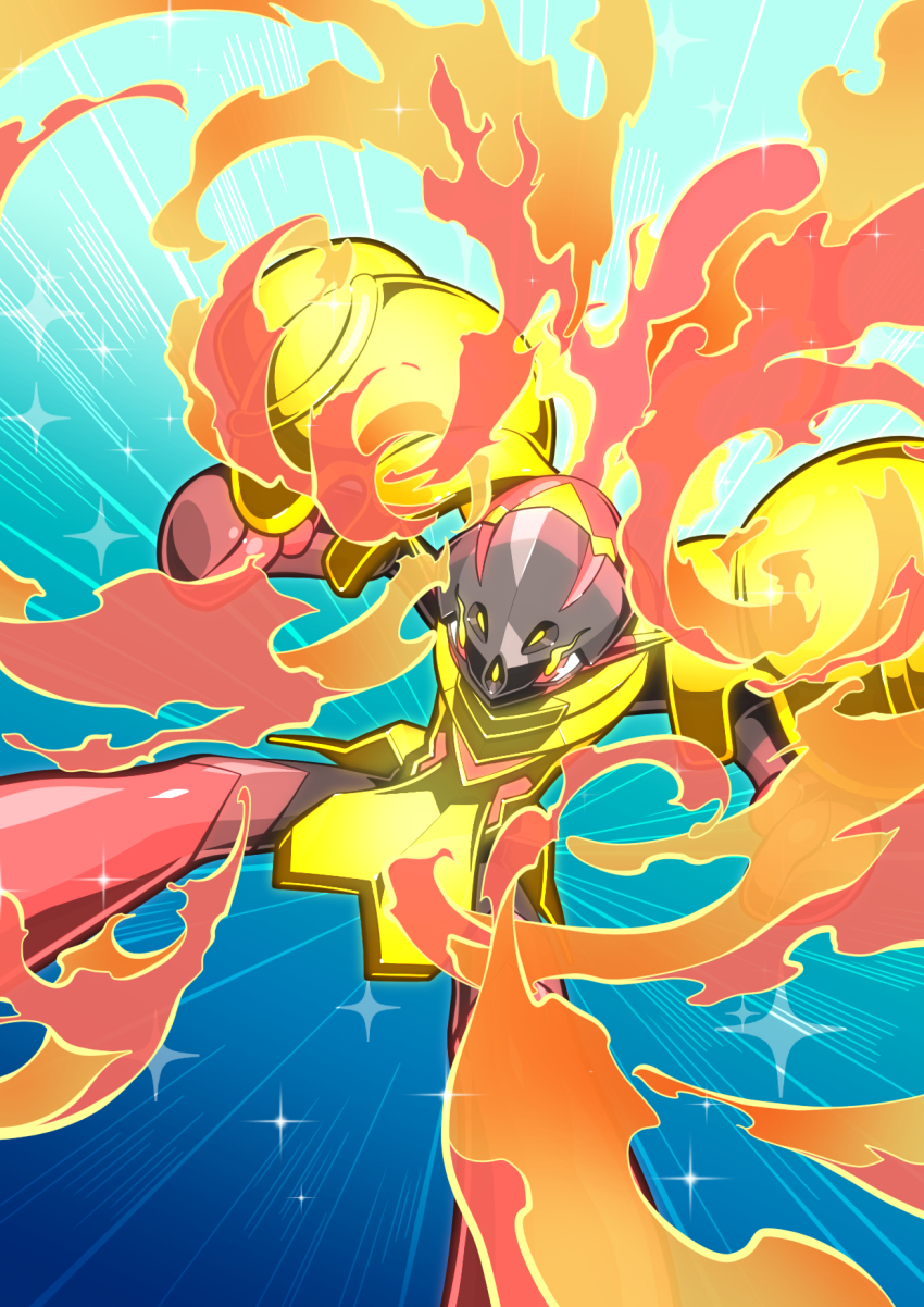 armarouge bbiqbmp blue_background commentary_request creatures_(company) emphasis_lines eye_trail fire flaming_eyes game_freak highres light_trail nintendo pokemon pokemon_(creature) red_eyes solo sparkle yellow_pupils