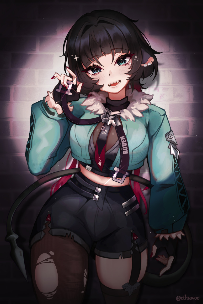 1girl absurdres animal_ears black_hair black_pantyhose blunt_bangs breasts cthuwoo fingerless_gloves fur-trimmed_jacket fur_trim garter_straps gloves green_eyes green_jacket high-waist_shorts highres jacket jane_doe_(zenless_zone_zero) long_hair looking_at_viewer mouse_ears mouse_girl mouse_tail multicolored_hair necktie pantyhose red_nails sharp_tail shorts single_garter_strap single_leg_pantyhose smile solo tail thighhighs torn_clothes torn_pantyhose torn_thighhighs two-tone_necktie zenless_zone_zero