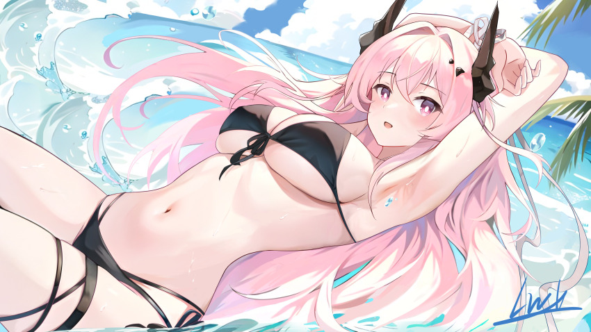 1girl absurdres arknights armpits arms_up bikini black_bikini breasts front-tie_bikini_top front-tie_top highres horns large_breasts long_hair long_wuxian navel ocean pink_eyes pink_hair signature swimsuit theresa_(arknights)