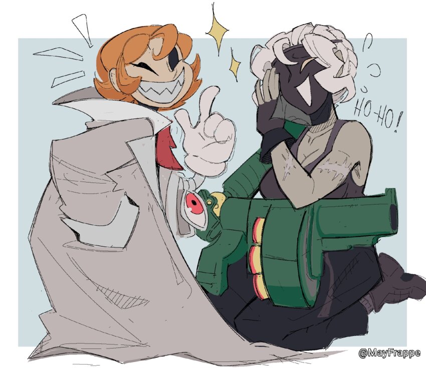 alternate_universe black_dahlia coat cyborg fingerless_gloves gloves gun_arm laughing mayfrappe overcoat peacock_(skullgirls) scar skullgirls white_hair