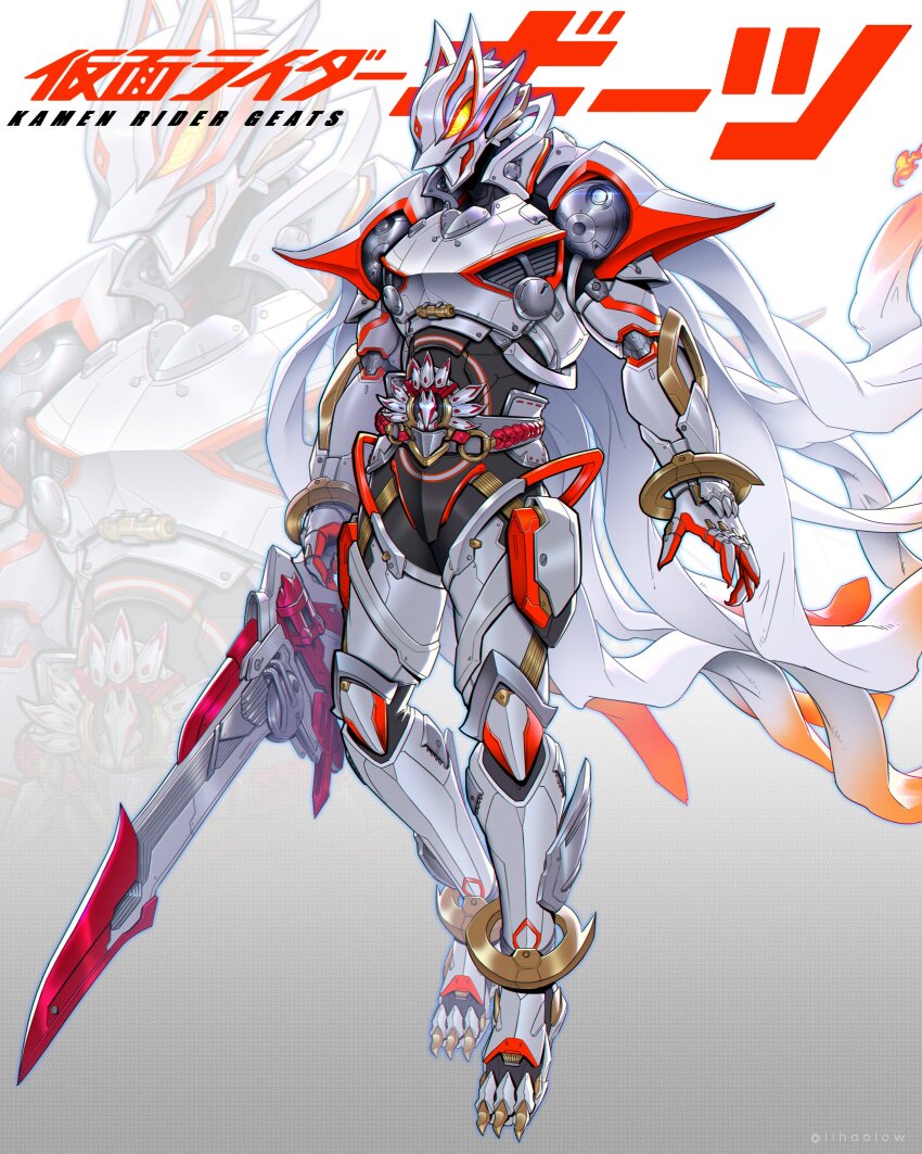 1boy absurdres armor boost_mark_ix_buckle cape character_name commentary desire_driver fox_mask full_body geats_buster_qb9 highres holding holding_sword holding_weapon kamen_rider kamen_rider_geats kamen_rider_geats_(series) kamen_rider_geats_ix lihaolow mask solo sword tokusatsu twitter_username weapon white_armor white_cape yellow_eyes