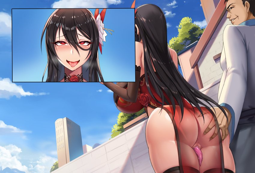 1girl absurdres ahegao anus ass bare_shoulders black_hair blush breasts breath cheating_(relationship) china_dress chinese_clothes choker cloud day detached_sleeves dress embarrassed flower from_behind from_below grabbing_another&#039;s_ass hair_between_eyes hair_flower hair_ornament hand_up highres house huge_breasts kcccc legs long_hair multiple_views netorare no_panties object_insertion open_mouth original outdoors public_indecency pussy red_eyes shirt sky smile standing stealth_ass_grab thighhighs thighs tree uncensored vaginal vaginal_object_insertion waving white_shirt x-ray
