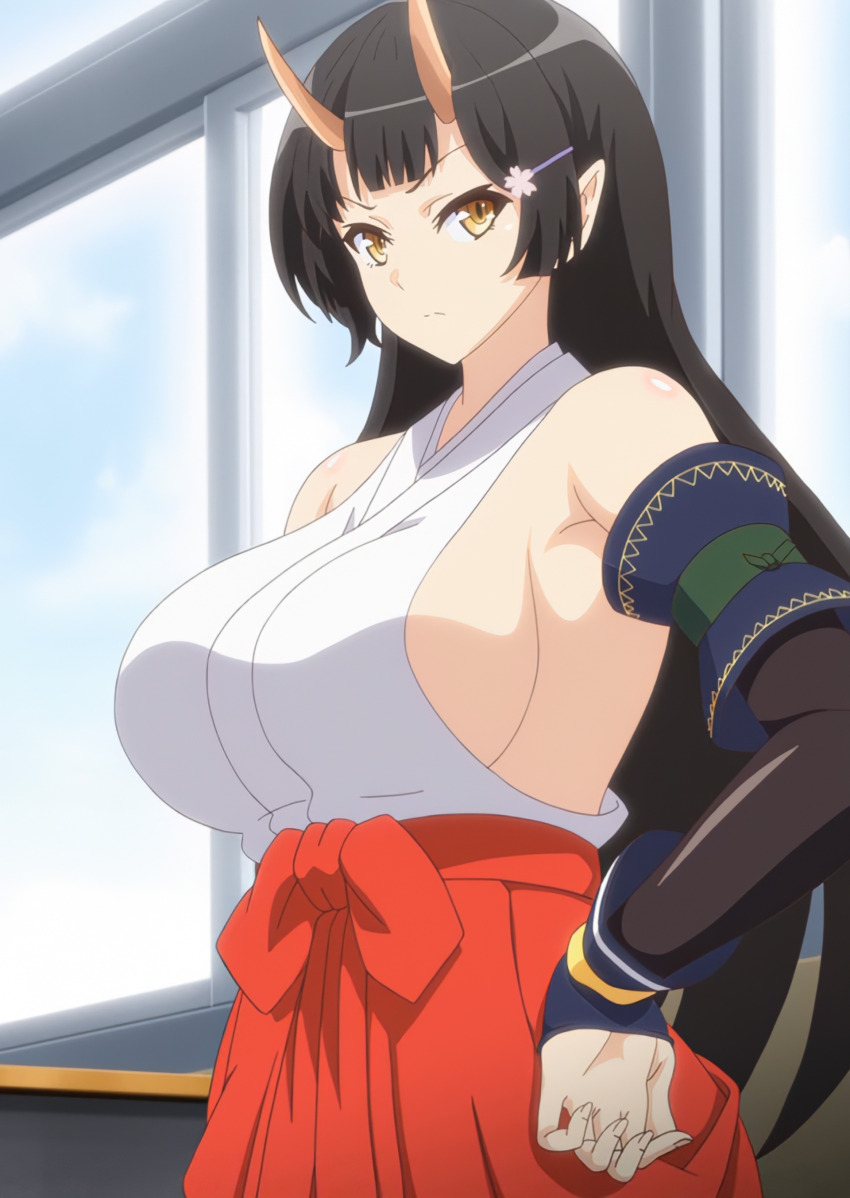 1girl absurdres black_hair breasts demon_girl demon_horns enjo_kouhai hand_on_own_hip highres horns large_breasts long_hair long_skirt looking_at_viewer origamine_ouka sideboob skirt solo stitched third-party_edit very_long_hair yellow_eyes