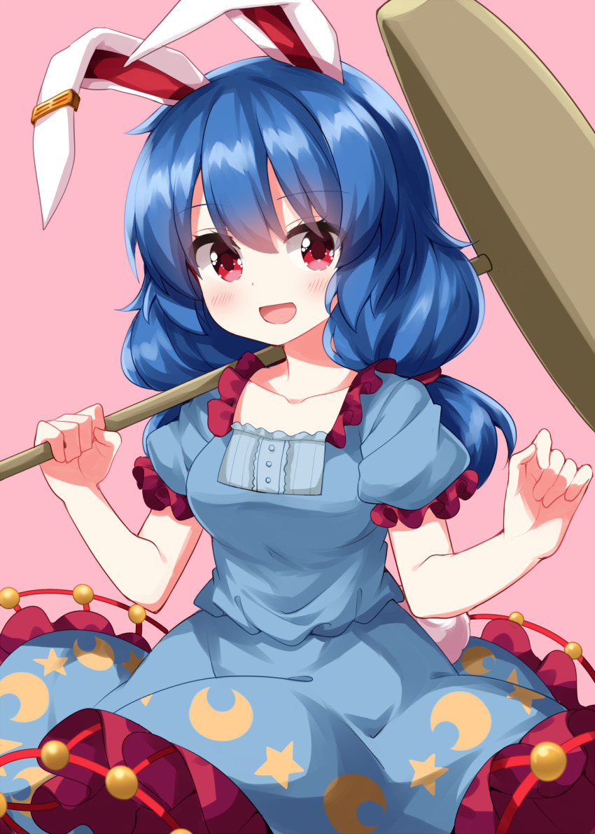 1girl :d animal_ears blue_hair blue_shirt blue_skirt blush breasts collarbone cowboy_shot crescent frilled_sleeves frills hair_between_eyes highres holding holding_mallet holding_weapon kine long_hair looking_at_viewer mallet medium_breasts moon_print open_mouth pink_background print_skirt puffy_short_sleeves puffy_sleeves rabbit_ears rabbit_girl rabbit_tail red_eyes ruu_(tksymkw) seiran_(touhou) shirt short_sleeves simple_background skirt smile solo star_(symbol) star_print tail touhou weapon