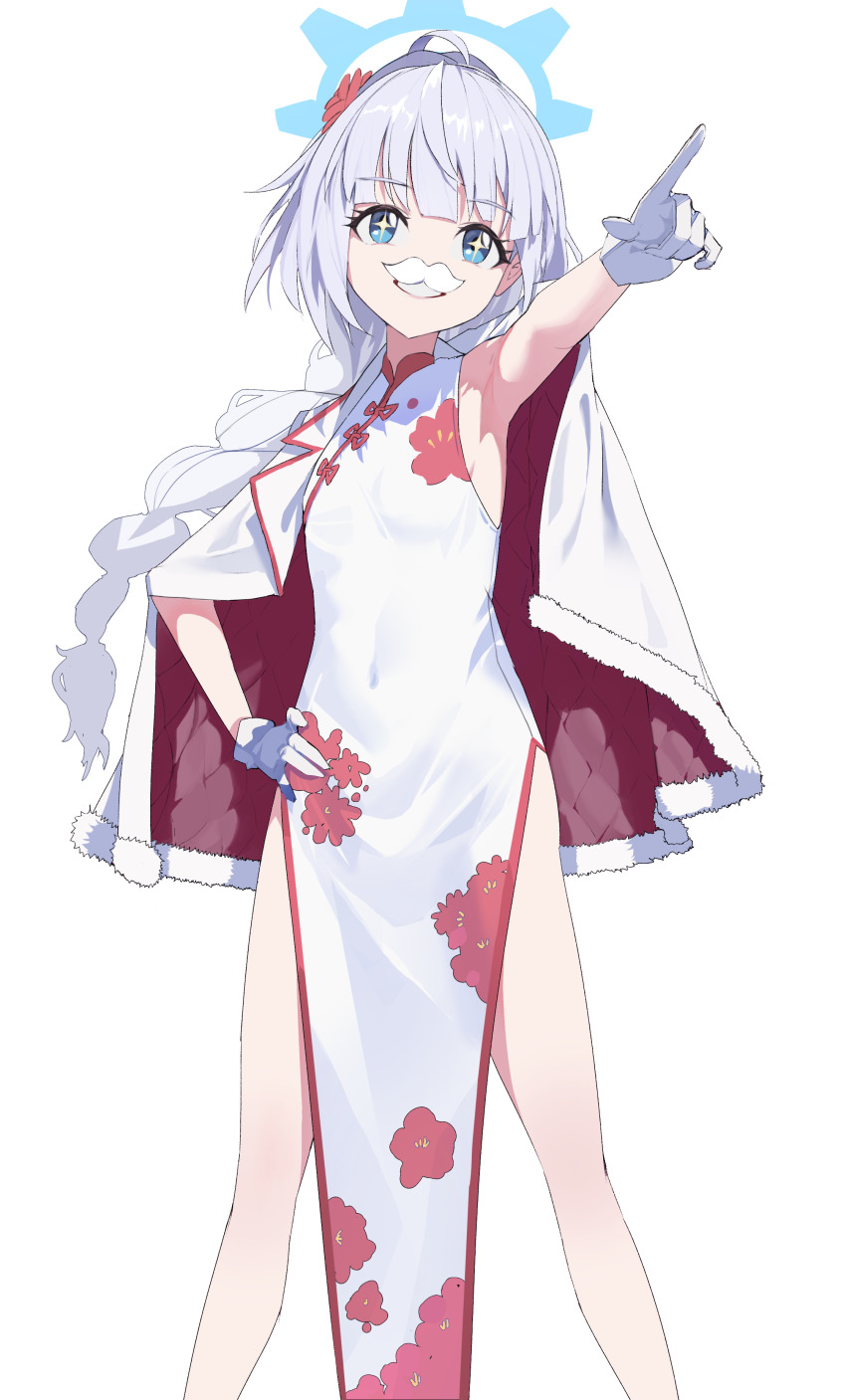 0dd 1girl absurdres ahoge blue_archive blue_eyes blue_halo braid cherino_(blue_archive) cherino_(qipao)_(blue_archive) china_dress chinese_clothes dress fake_facial_hair fake_mustache feet_out_of_frame floral_print_dress flower gloves grey_hair grin hair_flower hair_ornament halo highres jacket jacket_on_shoulders long_hair pelvic_curtain pointing pointing_forward red_flower red_trim single_braid sleeveless sleeveless_dress smile solo standing star_(symbol) star_in_eye symbol_in_eye teeth white_dress white_gloves white_jacket