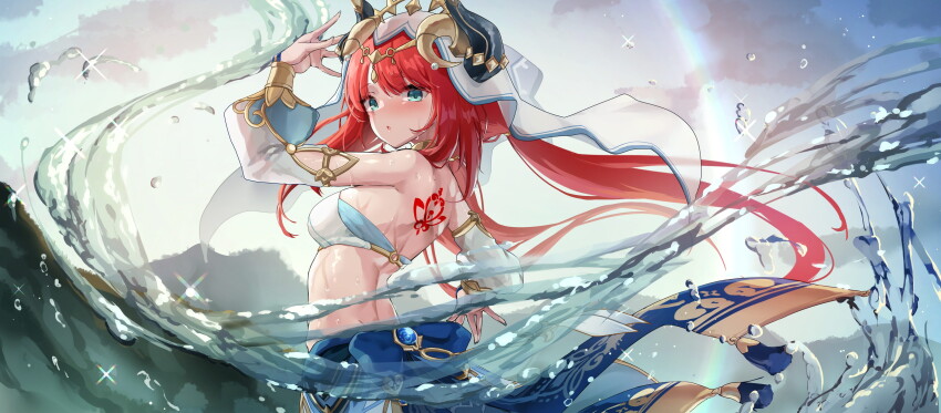 1girl absurdres aqua_eyes back back_tattoo bare_shoulders blush bracer breasts circlet commentary_request crop_top dancer detached_sleeves floating_hair genshin_impact gold_trim hand_up highres jewelry long_hair long_sleeves looking_at_viewer low_twintails medium_breasts midriff neck_ring nilou_(genshin_impact) osisio outdoors parted_bangs parted_lips puffy_long_sleeves puffy_sleeves rainbow red_hair skirt solo sparkle tattoo twintails veil vision_(genshin_impact) water water_drop wet