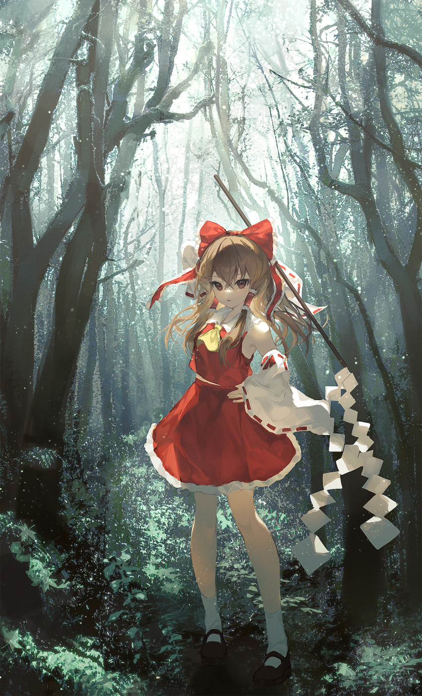 1girl arm_up ascot bare_tree black_footwear bow brown_eyes brown_hair commentary_request detached_sleeves forest frilled_skirt frills full_body gohei hair_bow hair_tubes hakurei_reimu highres holding holding_gohei ichita_(yixisama-shihaohaizhi) long_hair looking_at_viewer mary_janes nature open_mouth outdoors red_bow red_skirt red_vest ribbon-trimmed_sleeves ribbon_trim shide shoes skirt socks solo touhou tree vest white_sleeves white_socks wide_sleeves yellow_ascot